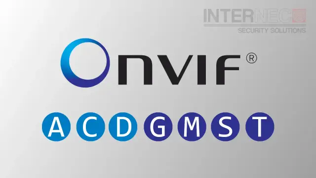 Logo ONVIF z literami A, C, D, G, M, S, T. Interneco Security Solutions.