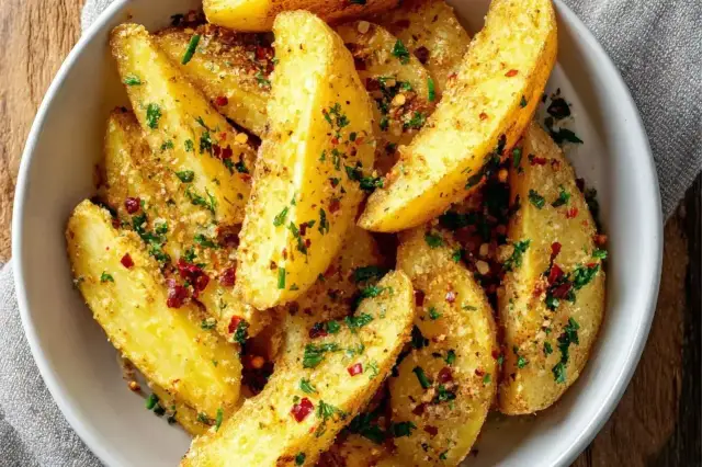 Chrupiące ziemniaki z grilla, posypane parmezanem, natką pietruszki i płatkami chili. Idealna przekąska na letnie wieczory.