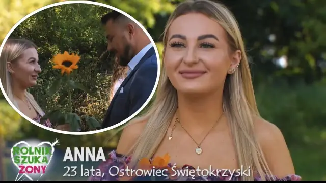 Anna, uczestniczka "Rolnik szuka żony", z uśmiechem przyjmuje słonecznik. Czy to początek miłości jak z kabaretu czwarta fala?