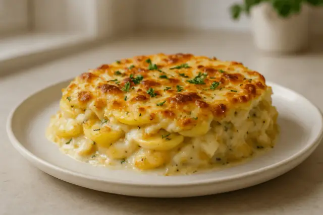 Zapiekanka ziemniaczana z ciągnącym się serem i posypką z pietruszki na białym talerzu.