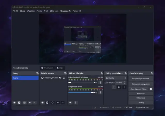 OBS Studio, program do nagrywania ekranu, pozwala na tworzenie scen, zarządzanie źródłami obrazu i dźwięku, a także na efekty przejścia.