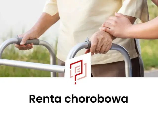 Osoba starsza z pomocą drugiej osoby korzysta z chodzika. Temat: renta chorobowa.