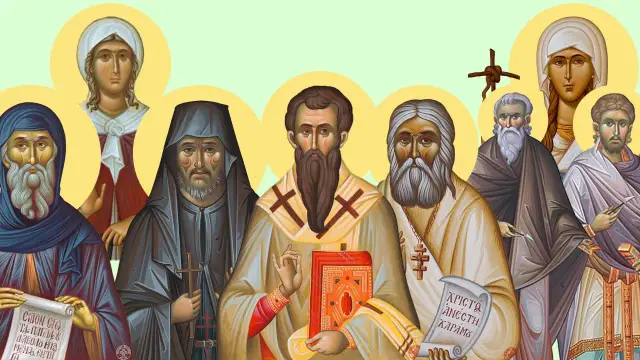 Ikony świętych, w tym św. Emilii, z ich charakterystycznymi aureolami i bogatymi szatami.
