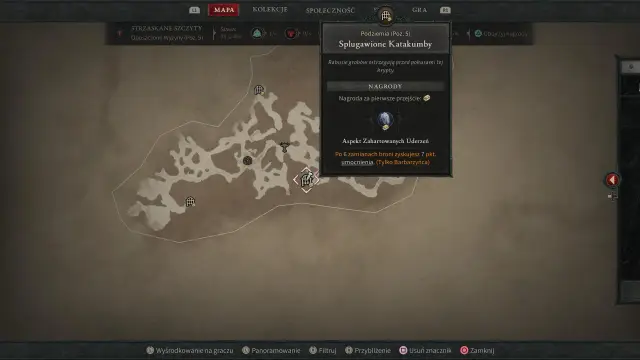 Mapa Diablo 4: Splugawione Katakumby, podziemia koszmarów z nagrodą dla Barbarzyńcy.
