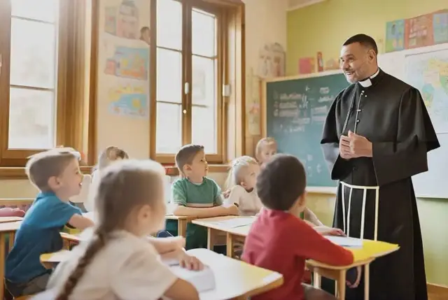 Nauczyciel w sutannie tłumaczy dzieciom, czy w liceum jest religia. Uczniowie słuchają z uwagą.