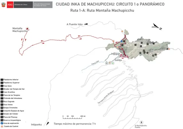 Mapa trasy 1-A do góry Machu Picchu, pokazujący, gdzie jest Machu Picchu. Widok z lotu ptaka na ruiny i szlaki.