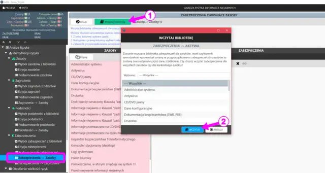 Wybór zabezpieczeń dla zasobów w systemie. Użytkownik może wczytać bibliotekę zabezpieczeń, aby przyporządkować je do zasobów.