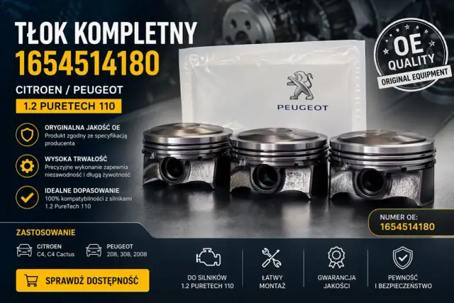 Kompletny tłok OE 1654514180 do silników 1.2 PureTech 110 w Citroen i Peugeot. Wysoka trwałość i idealne dopasowanie.