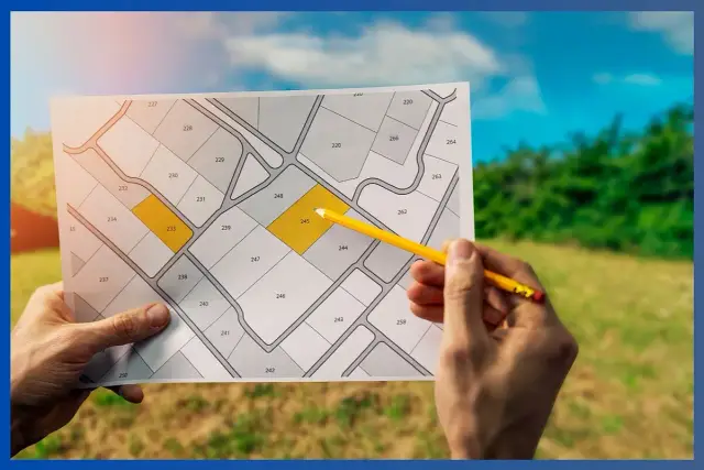 Plan podziału działek, gdzie dwie zaznaczone działki mogą być scalone. Zastanawiasz się, ile kosztuje scalenie dwóch działek?