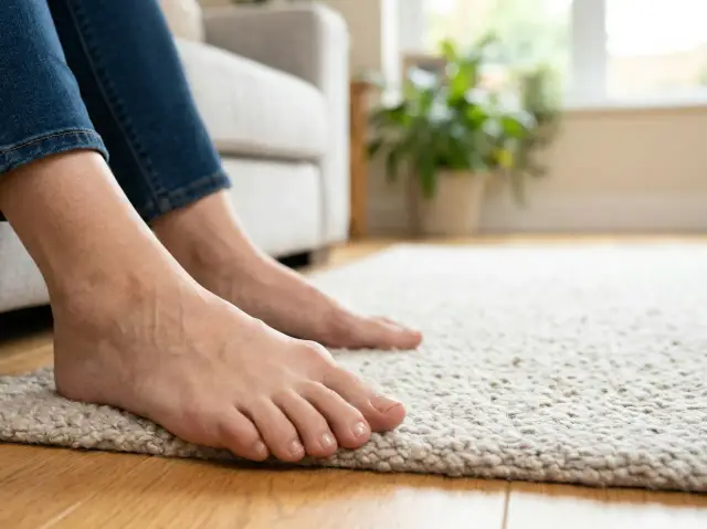 Delikatne palce stóp na dywaniku, widoczne początki haluksów.