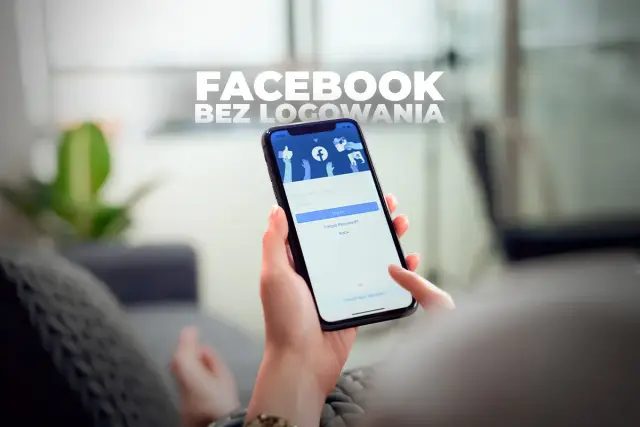 Dłoń trzyma smartfon z ekranem logowania Facebook. Tekst na ekranie sugeruje możliwość wyszukiwania znajomych bez logowania.