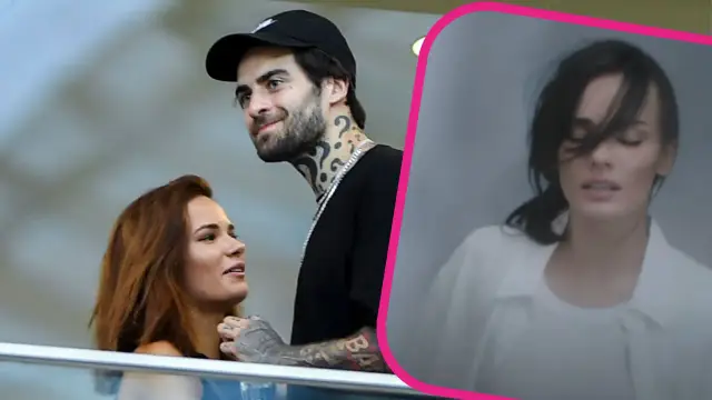 Natalia Szroeder i Quebo, para artystów, uśmiechnięci obok siebie. W tle ujęcie Natalii z teledysku.