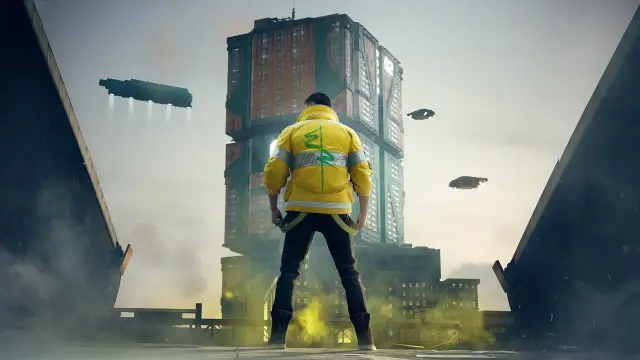 Mężczyzna w żółtej kurtce stoi na dachu, patrząc na futurystyczne miasto. W tle widać latające pojazdy i wysokie budynki, tworząc atmosferę cyberpunk Orion.