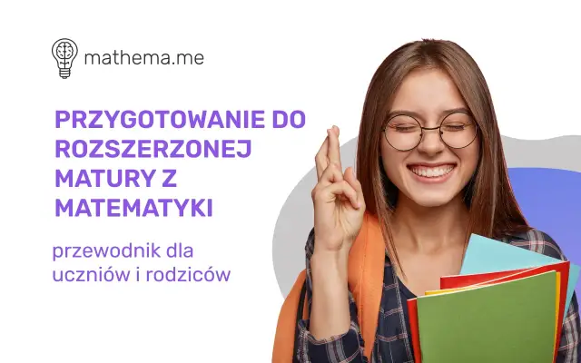 Uśmiechnięta dziewczyna z zeszytami i skrzyżowanymi palcami, przygotowująca się do matury. "Matura co to?" - przewodnik po rozszerzonej matematyce.