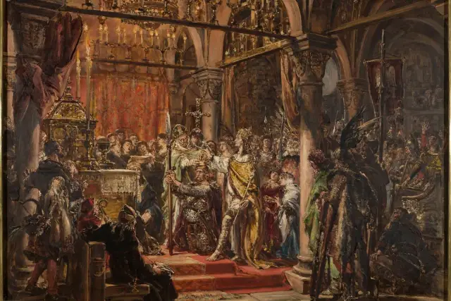 Uroczystość koronacji Mieszka I, otoczonego przez dzieci i dwór. Scena pełna splendoru i historycznego znaczenia.