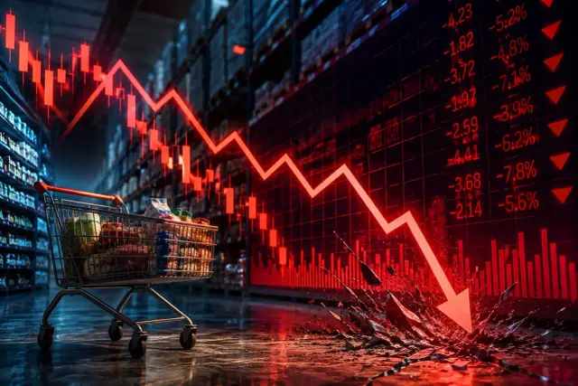 Wózek sklepowy pełen produktów na tle wykresu giełdowego z czerwoną linią spadkową. Eurocash akcje w dół.