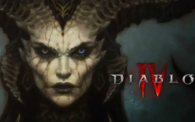 Mroczna postać z rogami i niebieskimi oczami, obok logo Diablo IV. Czy to zapowiedź diablo 4 najlepsza klasa?