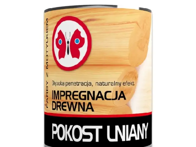 Puszka z napisem "POKOST LNIANY" i symbolem motyla. Produkt do impregnacji drewna, zapewniający głęboką penetrację i naturalny efekt.