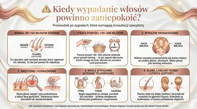 Nadmierne wypadanie włosów, przerzedzenie, swędzenie skóry głowy, łamliwe pasma – to sygnały, by skonsultować się ze specjalistą.