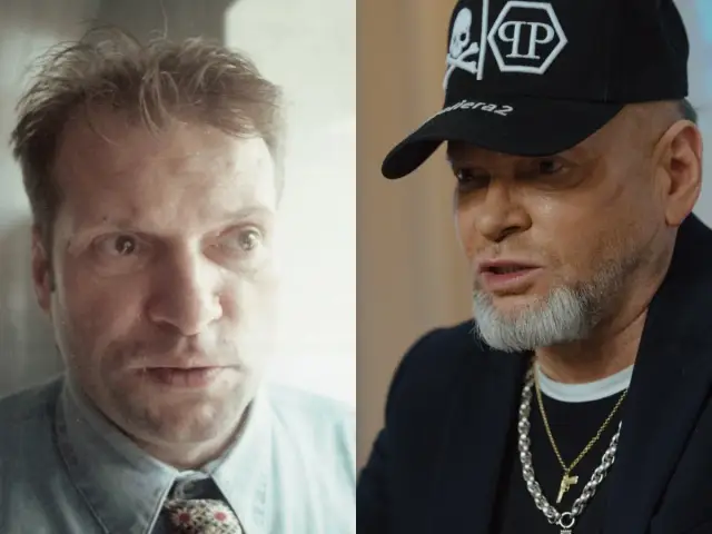 Rutkowski kiedyś i dziś: młodszy, w koszuli i krawacie, obok starszy, w czapce z daszkiem i z biżuterią.