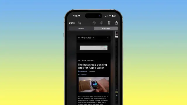 iPhone zrzut ekranu z opcją "Full Page" i podglądem artykułu o Apple Watch.