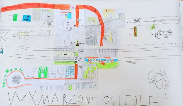 Dzieci rysują, jak narysować plan osiedla: sklepy, domy, tory, pociąg i plac zabaw.