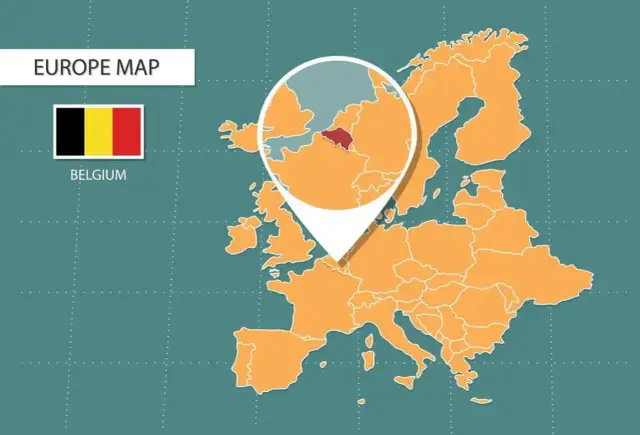 Mapa Europy z zaznaczonym krajem Belgia. Powiększenie pokazuje, gdzie jest Bruksela, stolica Belgii, w sercu Europy.
