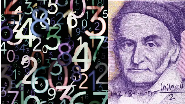 Wizerunek przedstawia portret mężczyzny na banknocie oraz rozmyte liczby całkowite od 1 do 100.