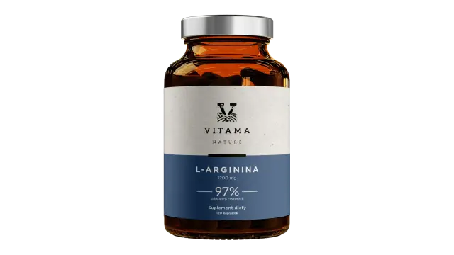 Szukasz l-arginina jaka najlepsza? Butelka suplementu diety Vitama Nature L-Arginina 1200 mg, 120 kapsułek.