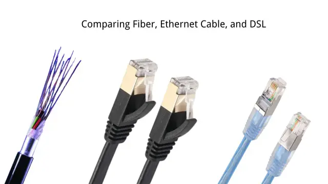 Włókno światłowodowe, dwa kable Ethernet i dwa kable DSL na białym tle.