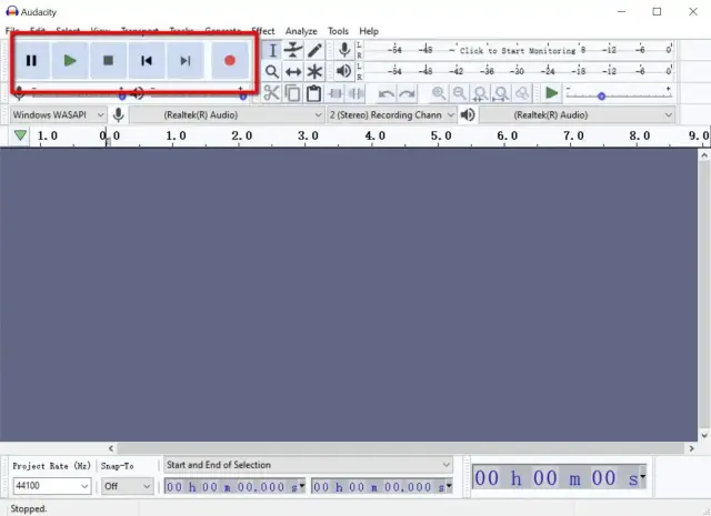 Przyciski sterowania odtwarzaniem w programie Audacity po polsku: pauza, odtwórz, stop, przewiń do tyłu, przewiń do przodu, nagraj.