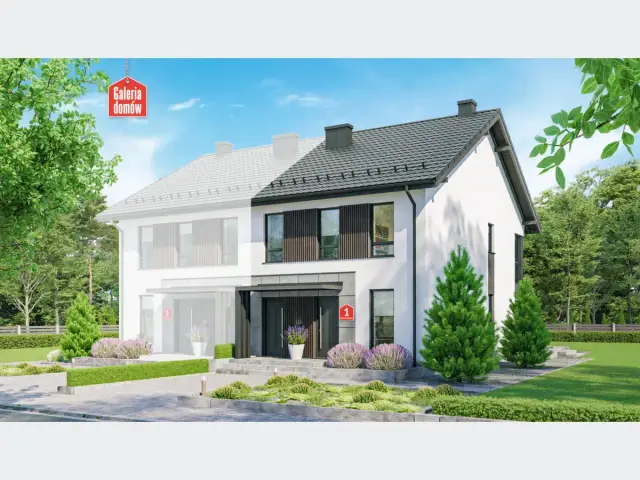 Nowoczesne projekty bliźniaków tanich w budowie. Elegancki dom z nowoczesnymi detalami, otoczony zielenią.