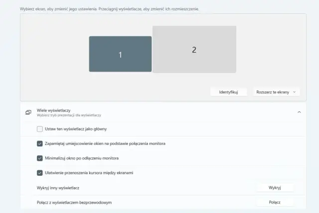 Ustawienia wyświetlania: jak przenieść obraz z laptopa na monitor. Widok dwóch ekranów, jeden główny (1) i drugi (2).