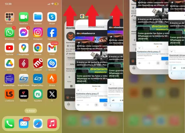 Jak zamknąć wszystkie aplikacje w iPhone: przesuwaj palcem od dołu ekranu do góry, a następnie przesuń karty aplikacji do góry, aby je zamknąć.