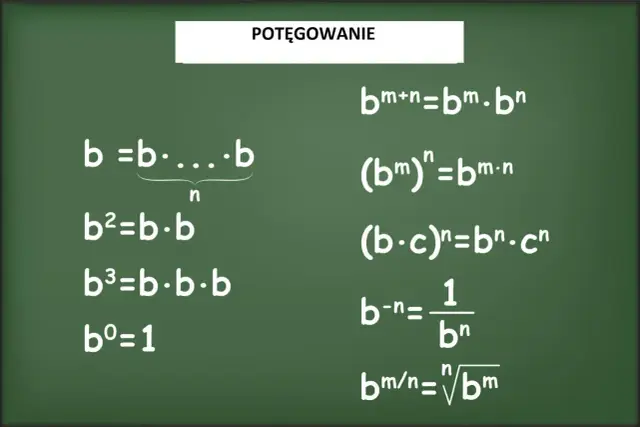 Podstawowe wzory na potęgowanie: bⁿ = b⋅...⋅b (n razy), b⁰=1, b⁻ⁿ=1/bⁿ, (bᵐ)ⁿ=bᵐⁿ.