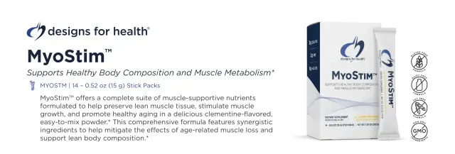 Opakowanie i saszetka MyoStim™ od Designs for Health, wspierające kompozycję ciała i metabolizm mięśni. Bez glutenu, nabiału, soi.