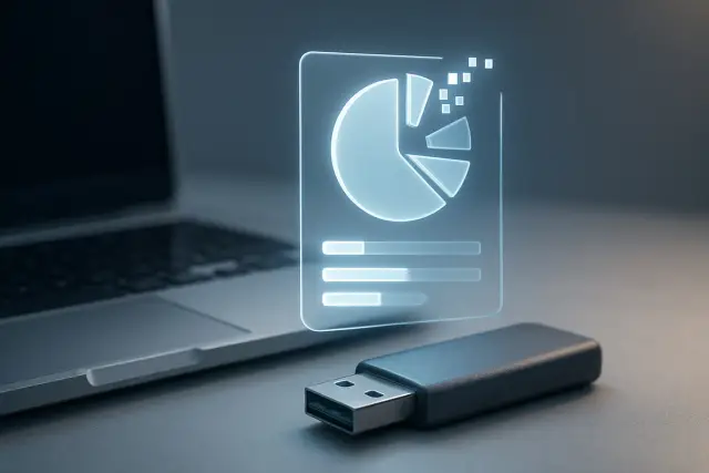 Jak usunąć zabezpieczenie przed zapisem na pendrive? Widok laptopa, pendrive'a i wirtualnego wykresu.