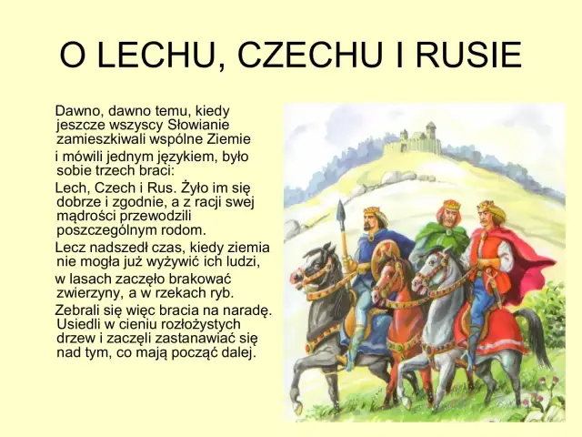 Ilustracja do legendy o Lechu, Czechu i Rusie. Trzech braci w koronach na koniach, z zamkiem w tle. Opowieść o początkach narodów, mity.