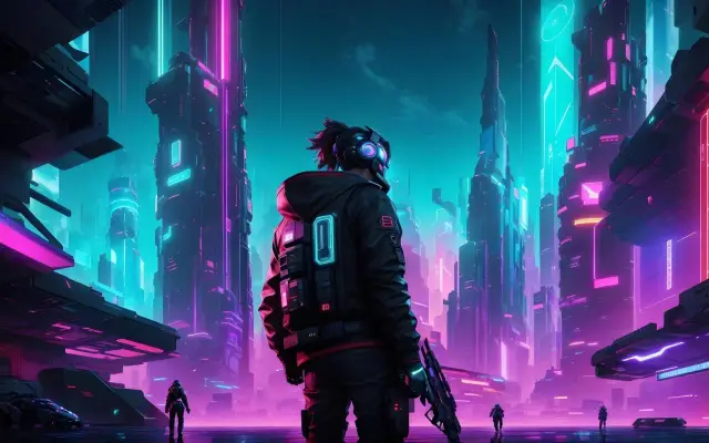Cyberpunkowa noc w mieście 1080p. Postać w futurystycznym stroju z bronią stoi na tle neonowych drapaczy chmur.