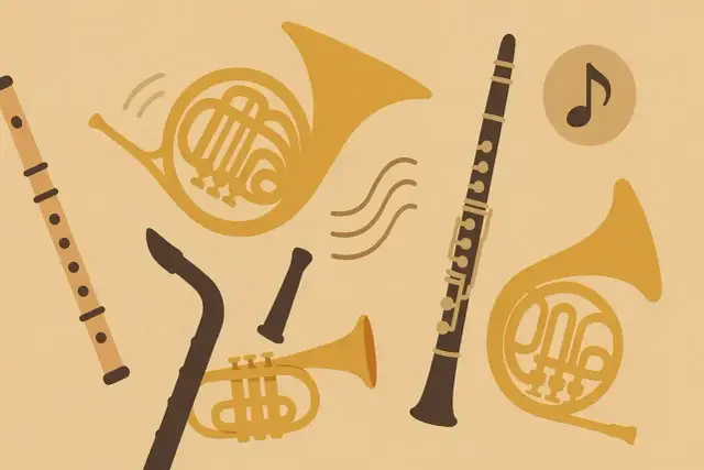 Różnorodne dęte instrumenty muzyczne: flet, klarnet, trąbka i dwa rogi. Muzyka w tle.