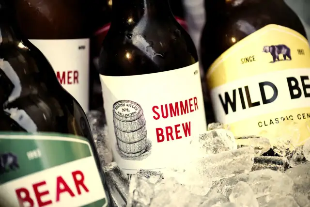 Butelki piwa rzemieślniczego w lodzie. Etykiety "Summer Brew" i "Wild Bear" pomogą Ci zrozumieć, jak czytać etykiety piwa rzemieślniczego, co to jest IBU i BLG.
