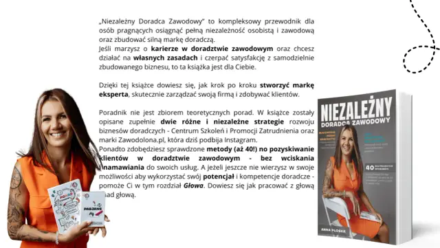 Kobieta z uśmiechem prezentuje książkę "Niezależny Doradca Zawodowy", która podpowiada, jak założyć związek zawodowy i zbudować markę eksperta.