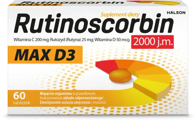 Opakowanie Rutinoscorbin MAX D3 z witaminą C i D. 60 tabletek. Wsparcie odporności, zmniejsza zmęczenie.