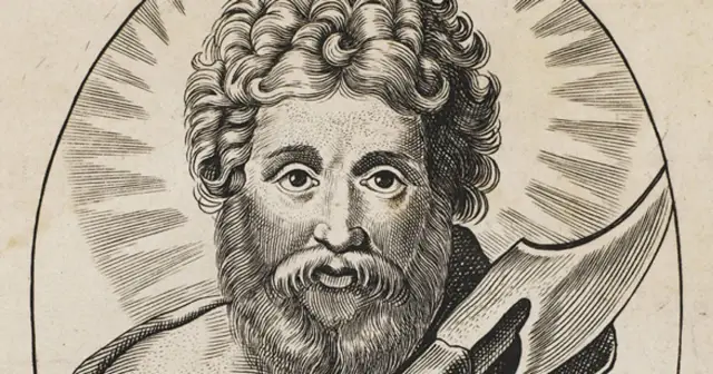 Portret świętego z aureolą i toporem, symbolizującym męczeńską śmierć, jak zginęli apostołowie.