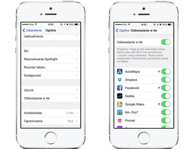 Ekran iPhone'a z ustawieniami "Odświeżanie aplikacji w tle". Widoczne opcje dla AutoMapy, Dropbox, Facebook, Giełdy i innych.