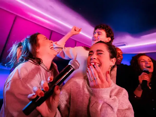 Grupa przyjaciół śmieje się i śpiewa karaoke przy neonowym świetle. Ich radość jest zaraźliwa, a każdy kolejny **bajm piosenki alfabetycznie** wywołuje jeszcze więcej śmiechu.