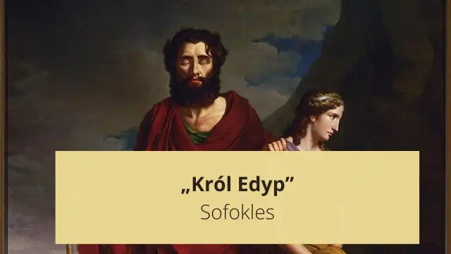 Obraz przedstawia fragment malowidła z Edypem i Antygoną. Tekst informuje o streszczeniu "Król Edyp" Sofoklesa.
