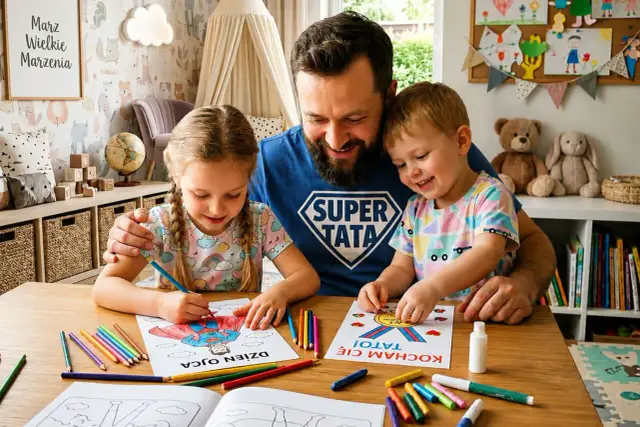Tata w koszulce "Super Tata" z dziećmi koloruje obrazki na Dzień Ojca. Radość i kreatywność w rodzinnym gronie.