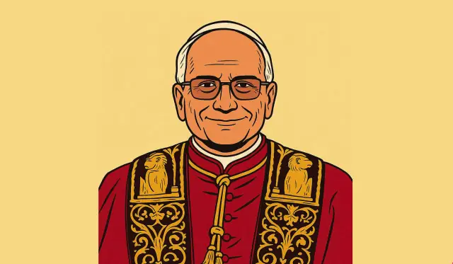 Uśmiechnięty obecny papież w bogato zdobionej szacie z motywami lwów.