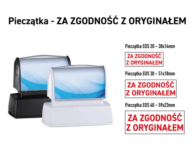 Dwie pieczątki, jedna czarna, druga biała, z napisem "ZA ZGODNOŚĆ Z ORYGINAŁEM" w różnych rozmiarach.